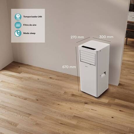 Diseño compacto y funcional para moverlo fácilmente El formato portátil permite colocar el equipo en diferentes estancias según la necesidad. Sus dimensiones de 670 x 300 x 270 mm ofrecen un diseño compacto para un aire acondicionado portátil, facilitando su ubicación en dormitorios, despachos o habitaciones con espacio limitado.  Con un peso neto de 21,5 kg, este modelo resulta práctico para usuarios que buscan climatización flexible, sin obras y con posibilidad de trasladarlo dentro de la vivienda cuando sea necesario.